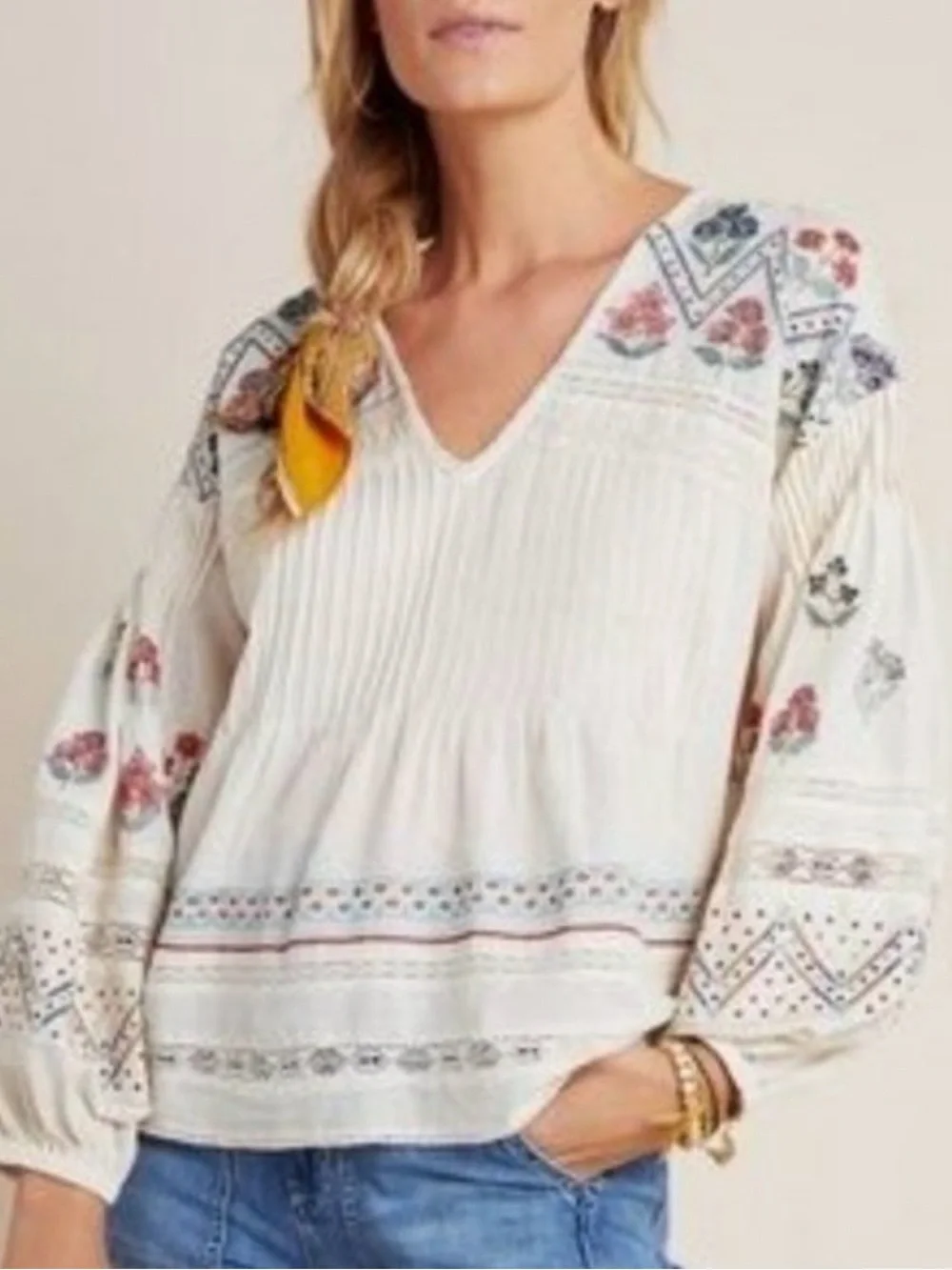 By Anthropologie Kayla Top Small Boho Peasant Lace Embroidered Puff Sleeve Shirt